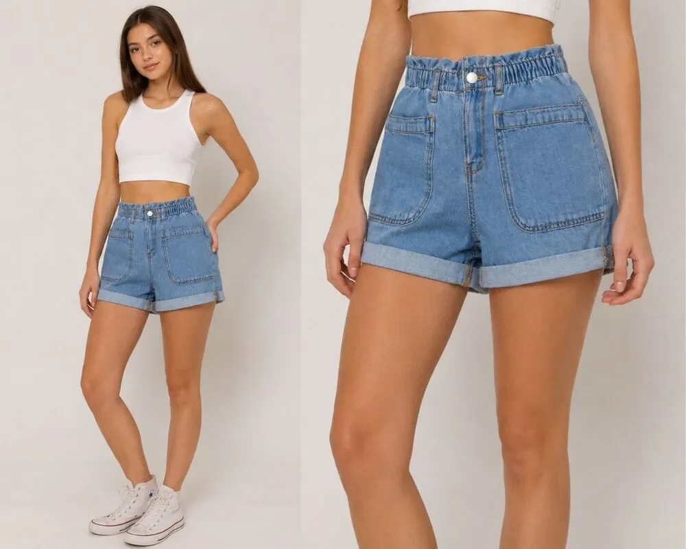Rare Zara Girls Denim Shorts Size 13-14/ 164 Light Wash Cuffed High Rise Cotton